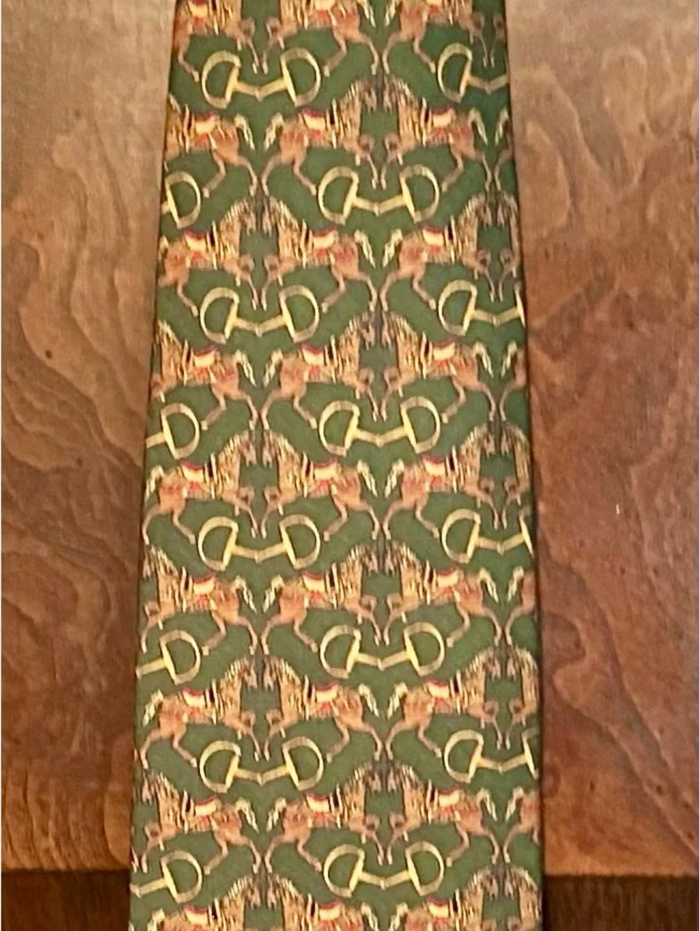 Brooks Brothers Green Silk Tie with Gold and Brown Equestrian Motif